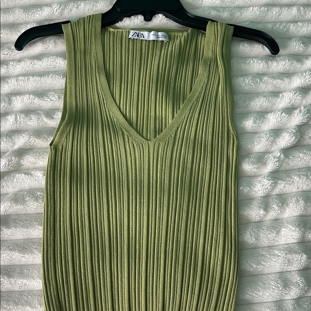 Zara Light Olive Ribbed V-Neck Tank